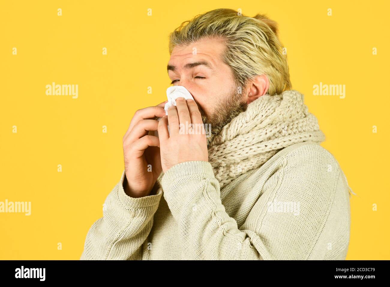 Immune response. Bearded man sick. Cold flu. First symptom. Headache ...