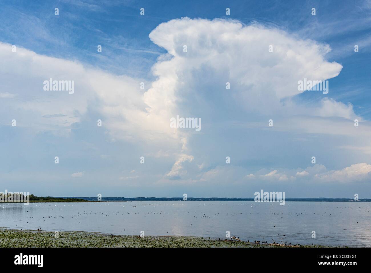 Cumulonimbus cloud raisup up from the lake, Germany, Bavaria, Lake Chiemsee Stock Photo