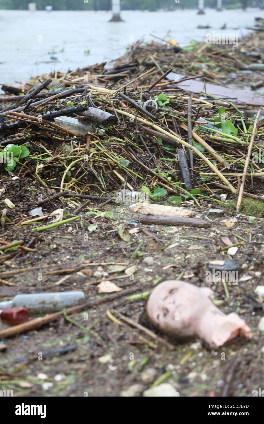 A trash belt which is several-hundred-meter-long and full of various trashes brought by flood from the upstream area of the Yangtze River appears in N Stock Photo