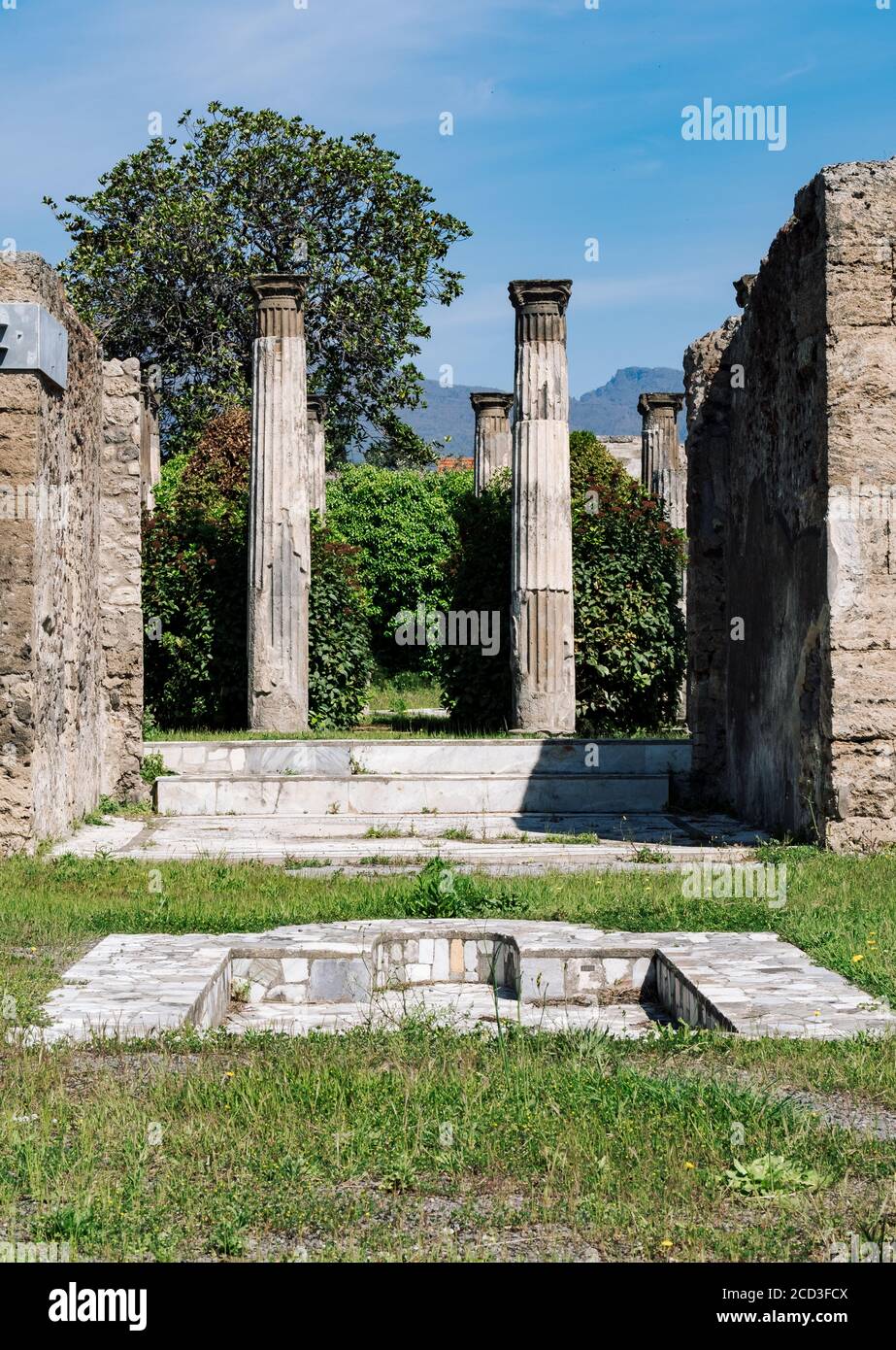 ruins of an ancient Roman house in Pompeii destroyed by the eruption of Vesuvius in 79 BC, Italy Stock Photo