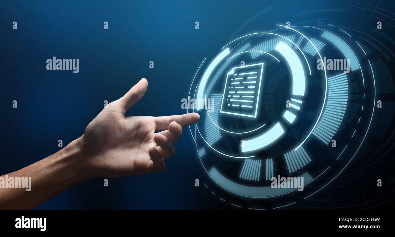 Data System And Document Management. Hand Touching Virtual Screen With Information Icon Stock Photo