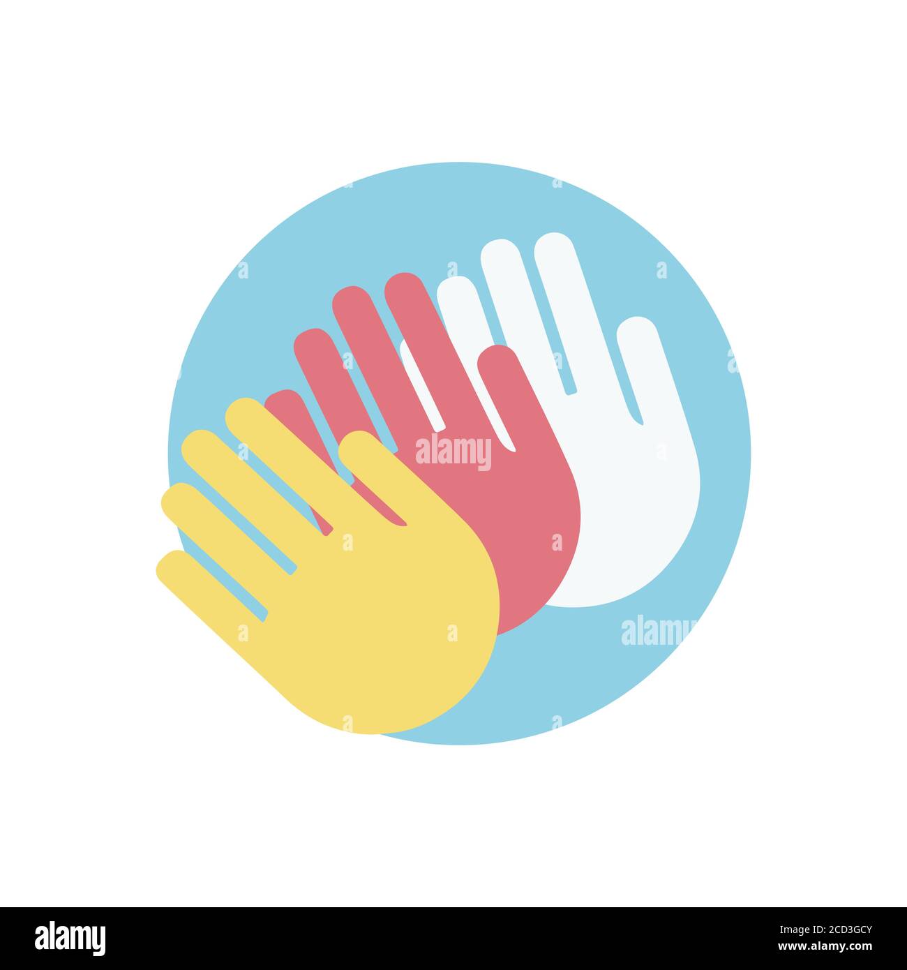 Social integration icon. Symbol of three hands of different color. Stock Vector