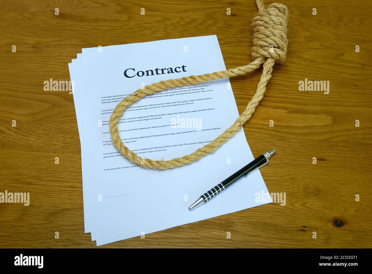 Contract with pen and rope tied in hangmans noose. Strangulation contract, unfair agreement. Stock Photo