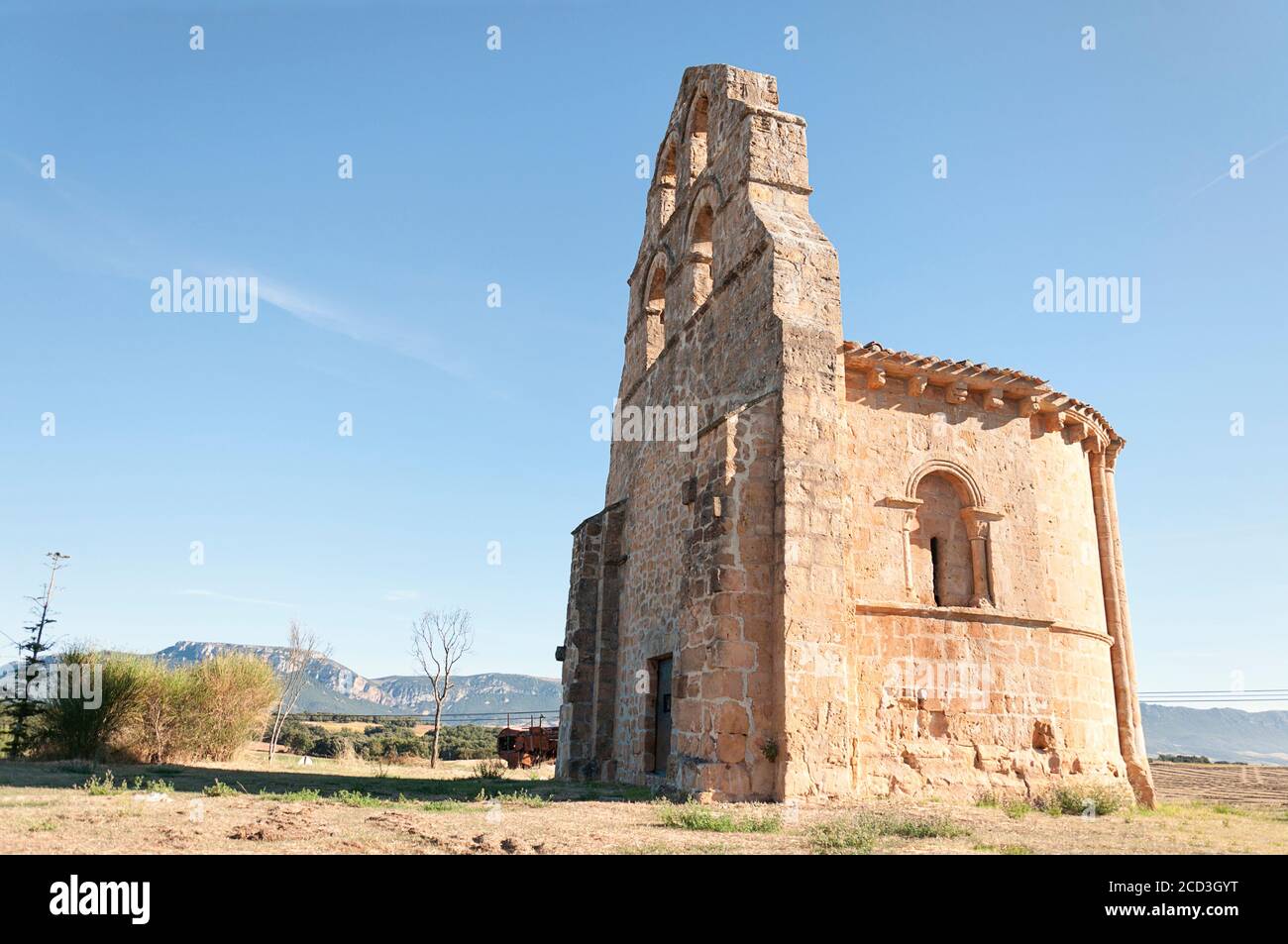 Romanesque chapel (called St. Fagun), located in the province of Burgos, Spain. The temple has no nave and only the semicircular apse and a svelte ste Stock Photo