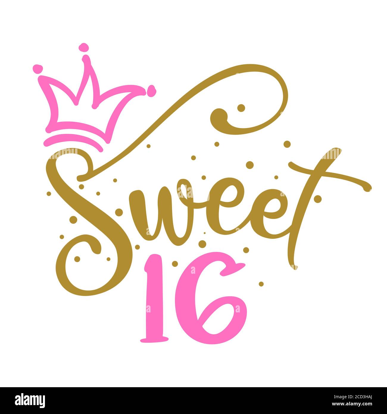 Sweet Sixteen (16th) Birthday teenage girl year anniversary. Princess Queen. Toppers for birthday cake. Number 16. Good for cake toppers, T shirts, cl Stock Vector