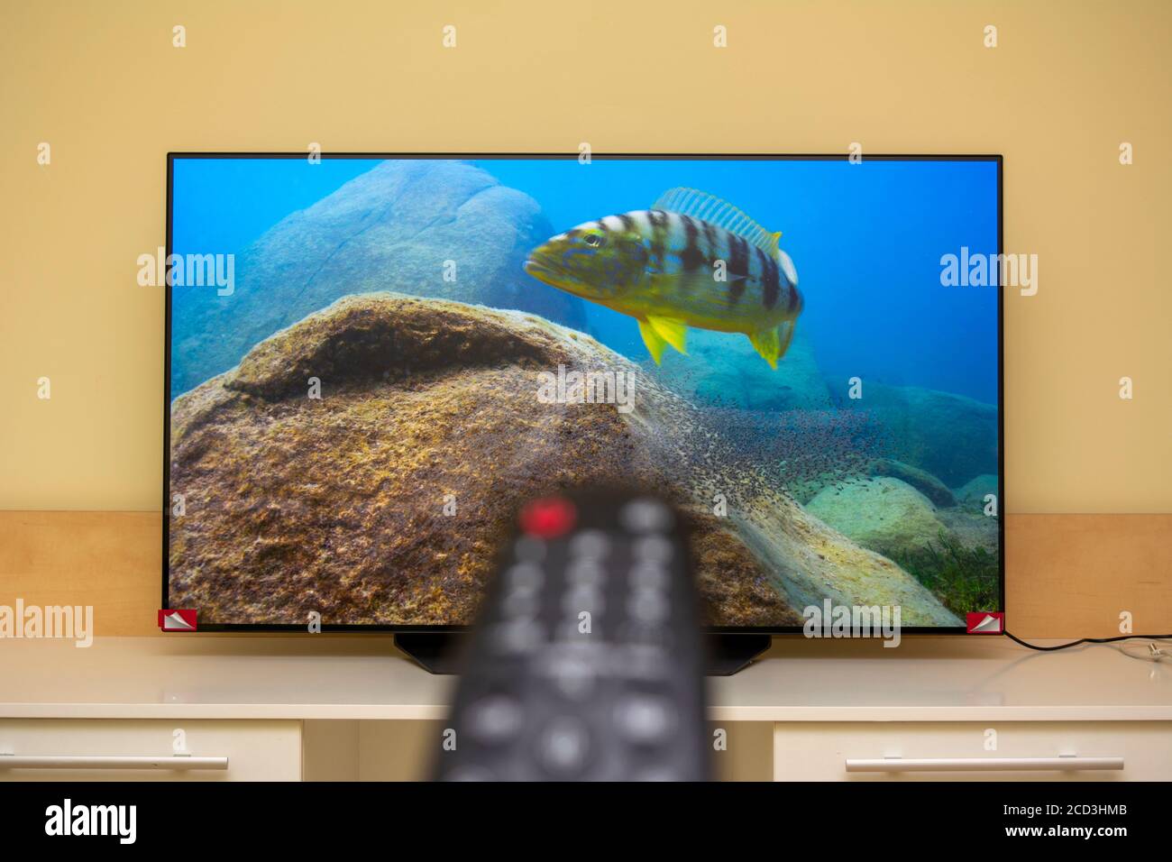 The new Uled tv technology that displays the black leds as pure black unlike the Oled tv Stock Photo