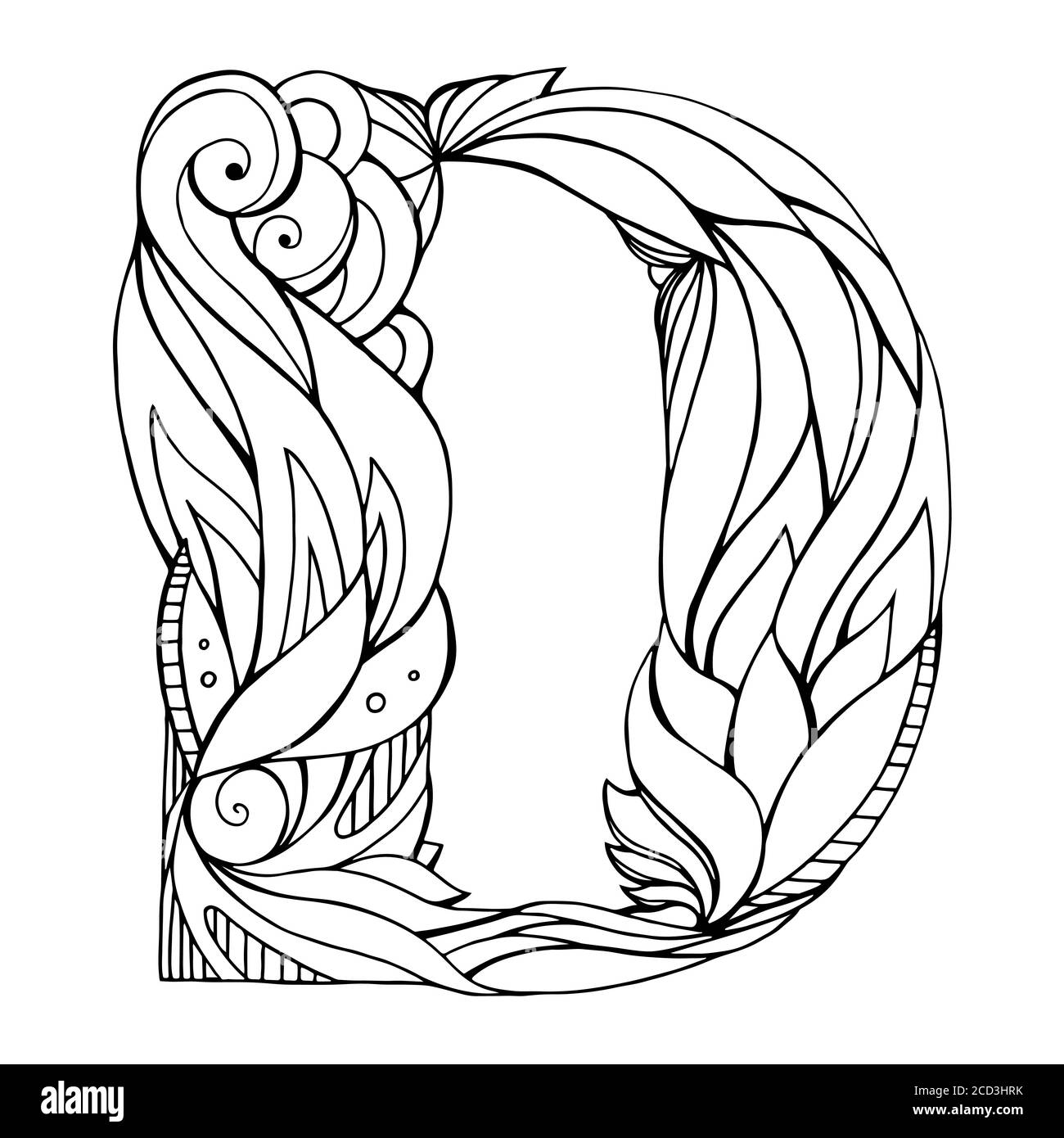 Black and white freehand drawing capital letter D with floral doodle