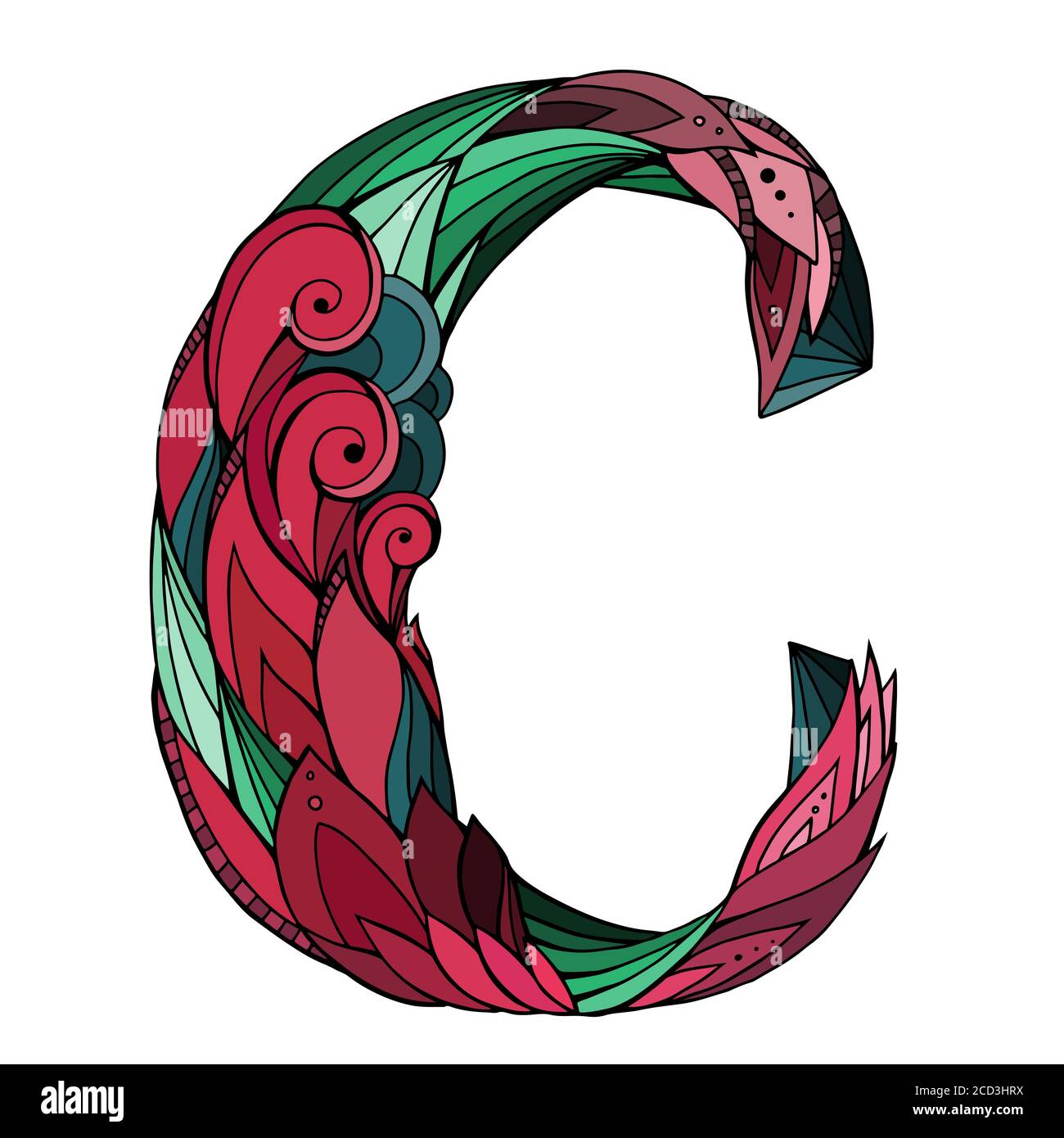 Coloring freehand drawing capital letter C with floral doodle pattern