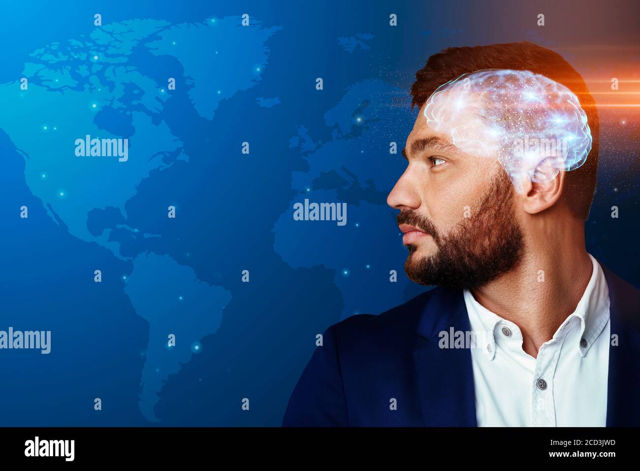 Successful businessman looking at world map, language learning concept Stock Photo
