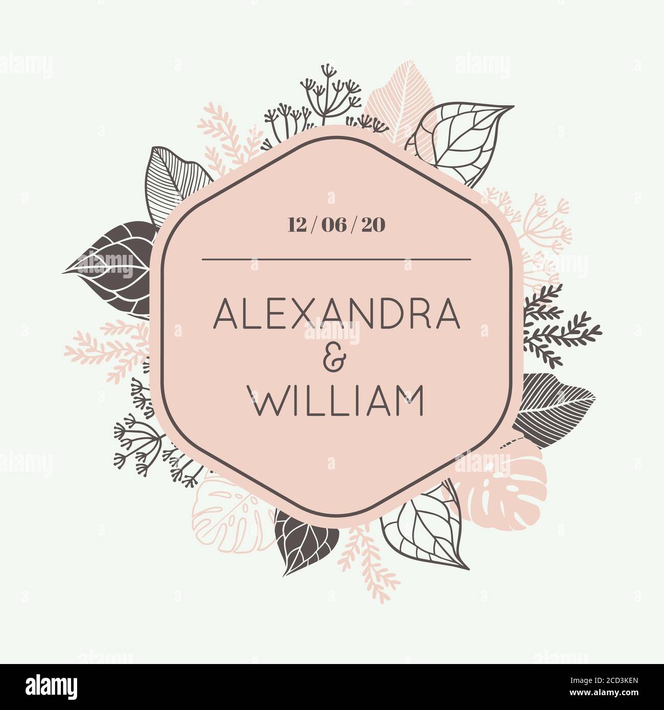 Wedding Invitation card. Frame with space for the name of the couple and other information. Floral background with leaves. Flat and vintage style temp Stock Vector
