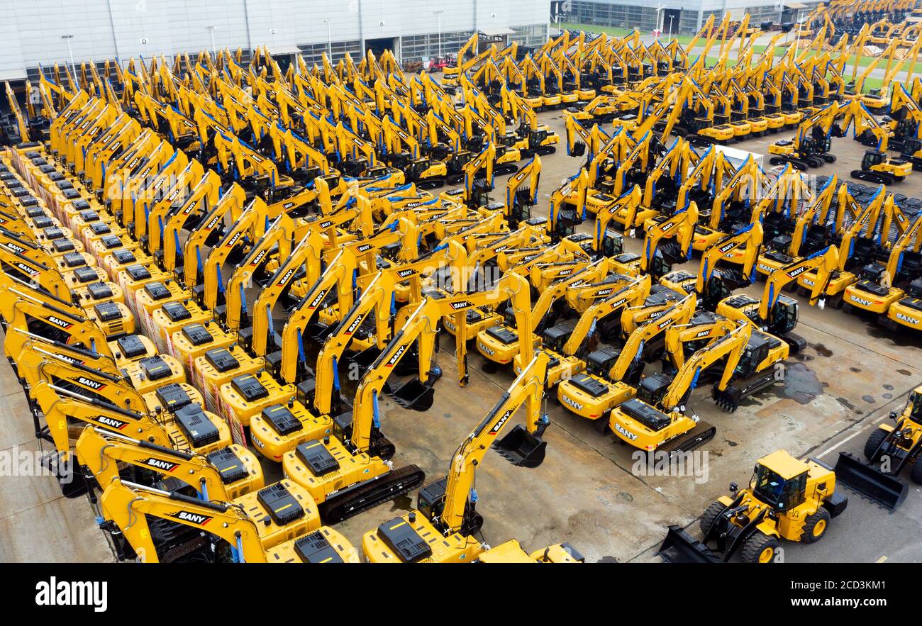 An aerial view of arrays of excavators at a factory of Chinese