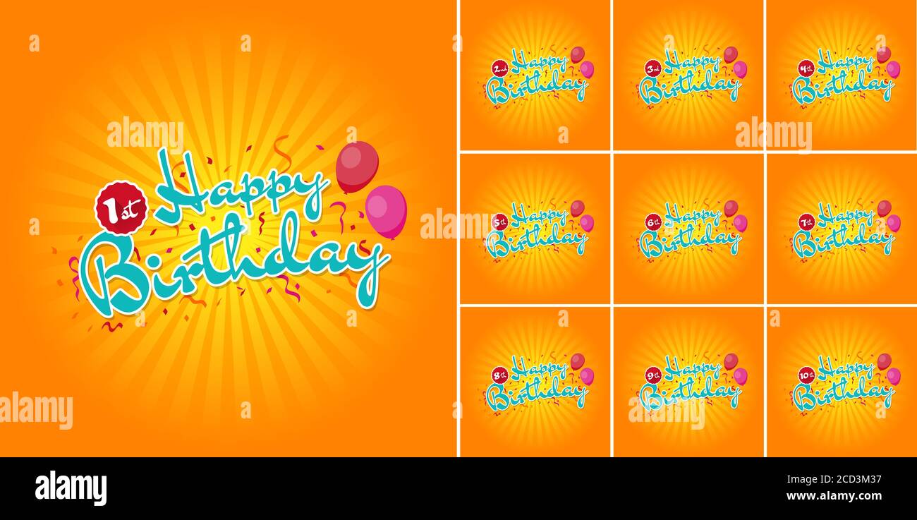 Happy Birthday sign with Balloons over Confetti 1st - 10th Years. Stock Vector