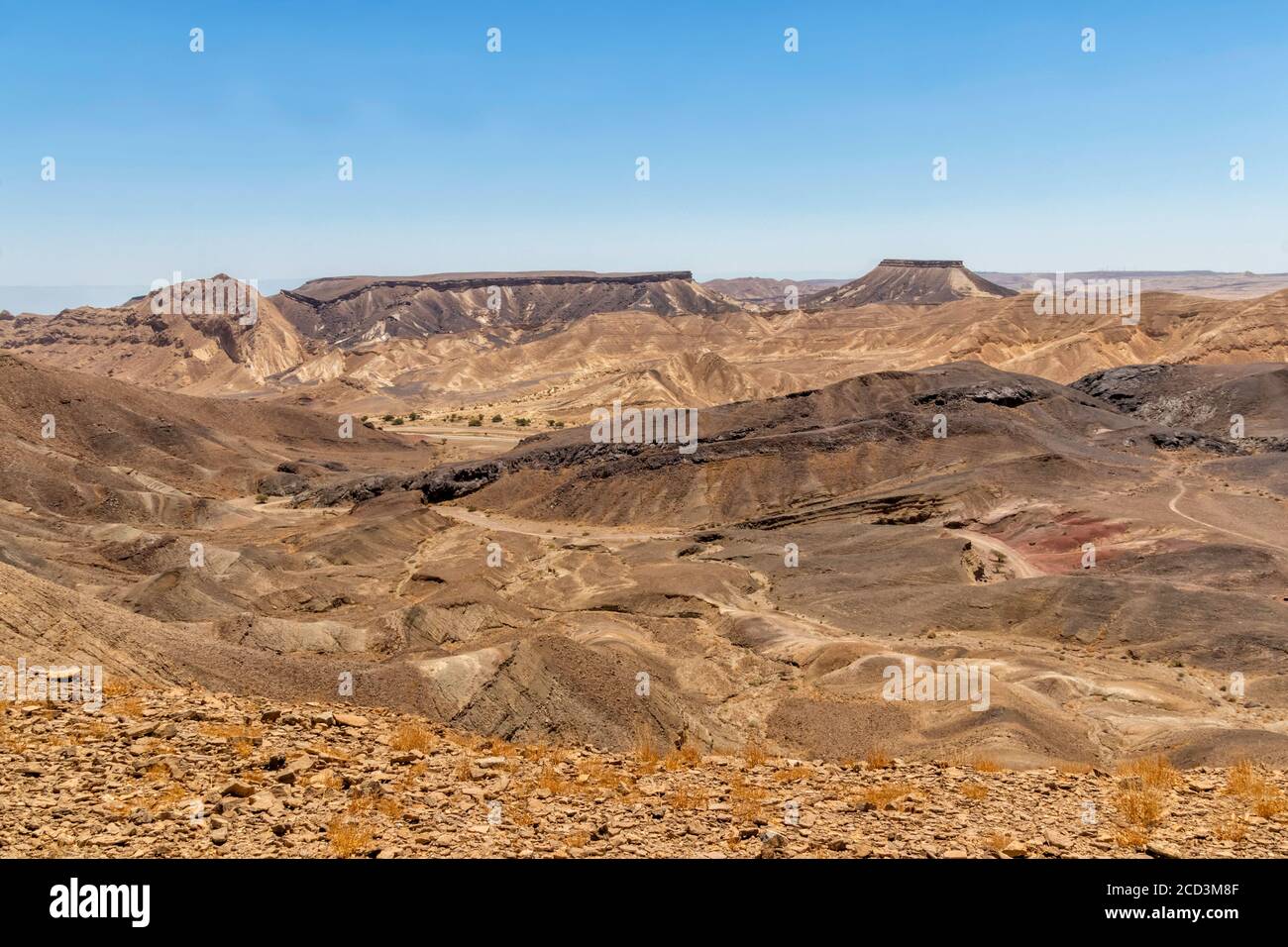 View of the Ramon crater colorful mountains with traces of geological ...