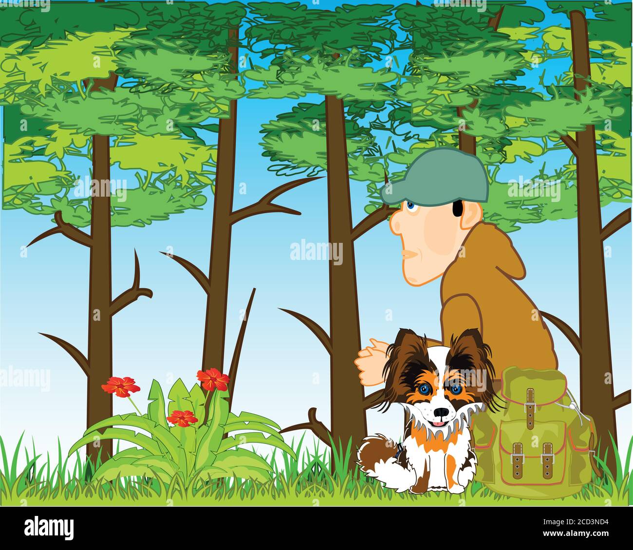 Man with dog in wood by summer Stock Vector