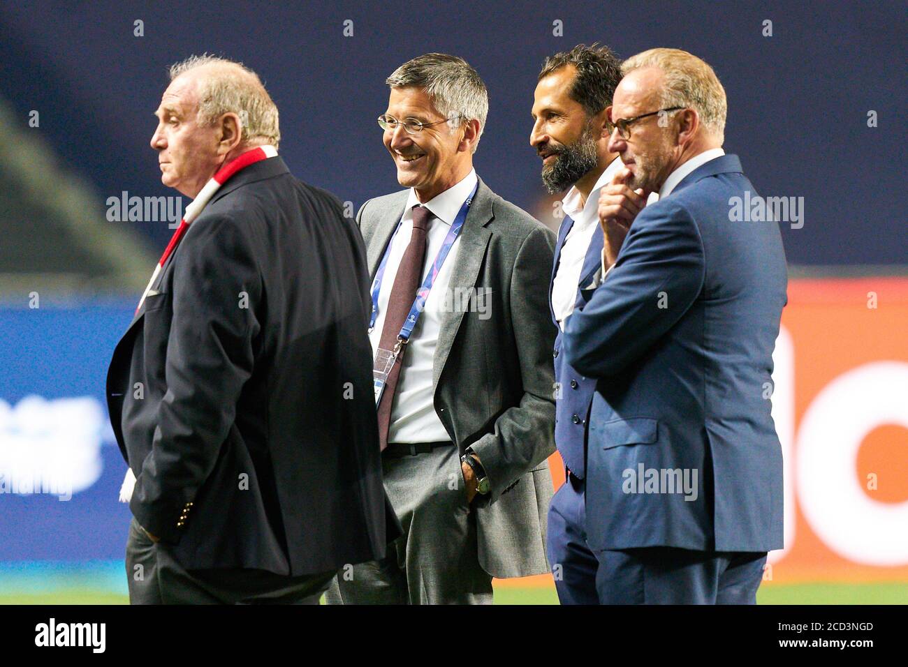 left to right Uli HOENESS (former President, M), Herbert HAINER (President, M), Hasan SALIHAMIDZIC (Sports Director, M) Karl-Heinz RUMMENIGGE (Management Chairman, M) jubilation, jubilation, joy, cheers, final jubilation after the game, Soccer Champions League, Final, Paris St. Germain (PSG) - FC Bayern Munich (M). 0: 1, on August 23, 2020 at the Estadio da Luz in Lisbon/Portugal. PHOTO: Peter Schatz/Pool via SVEN SIMON photo agency. Ã‚Â | usage worldwide Stock Photo