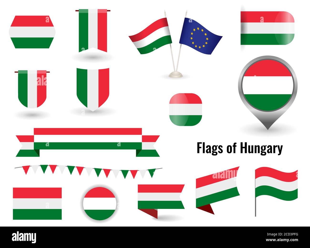 The Flag of Hungary. Big set of icons and symbols. Square and round Hungarian flag. Collection of different flags of horizontal and vertical. Stock Vector
