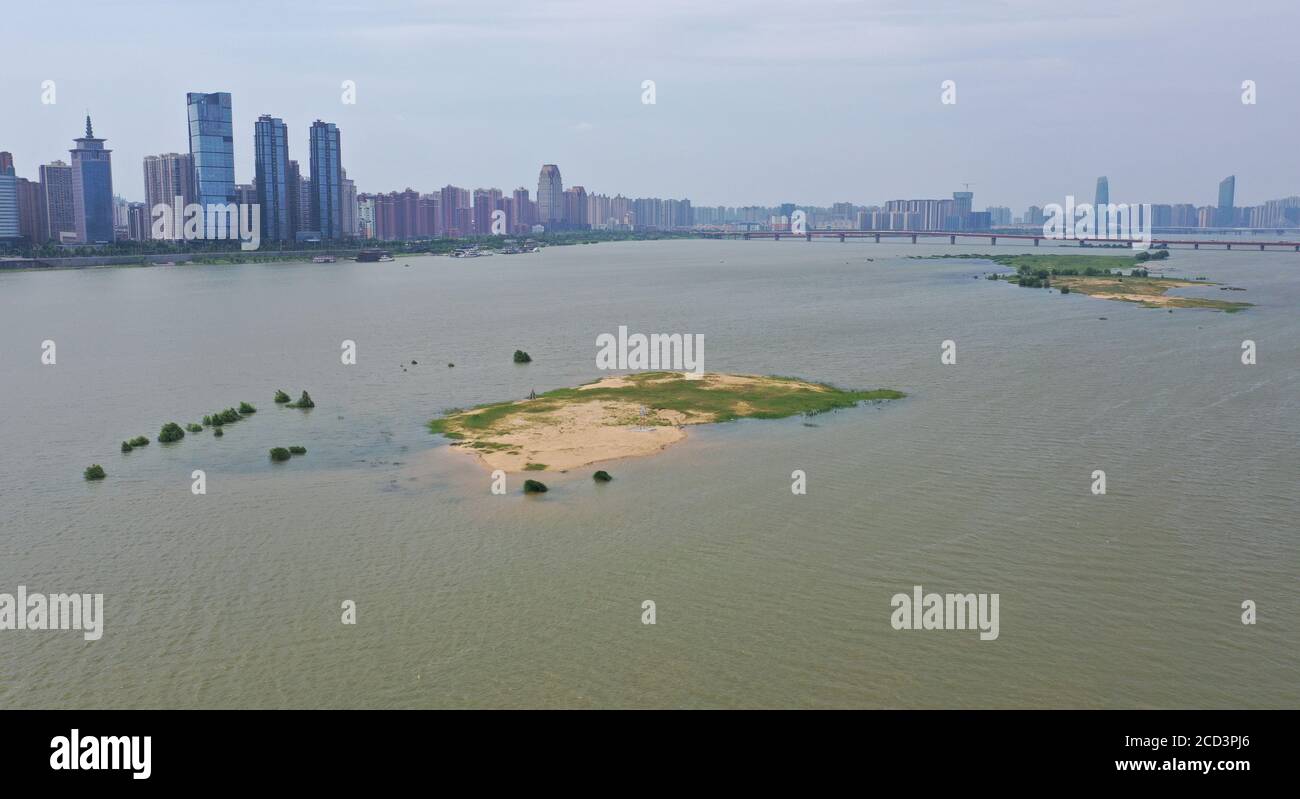 Aerial view of some of the inner islands and lands submerged by the rising water caused by heavy rainfall at the Gan River Nanchang section in Jiujian Stock Photo