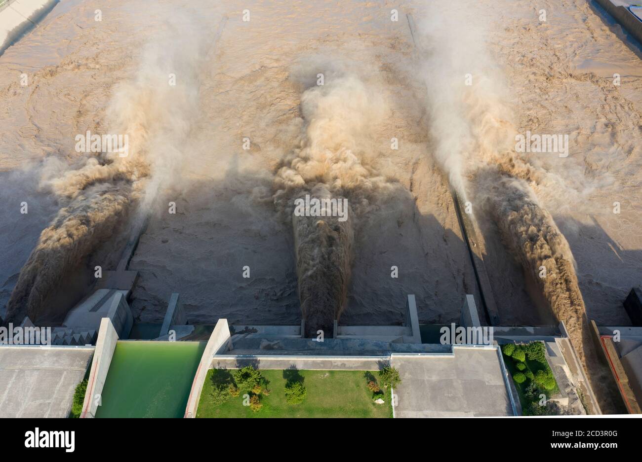 Aerial view of Xiaolangdi Dam discharging flood and sand after days of continuous rainfall in