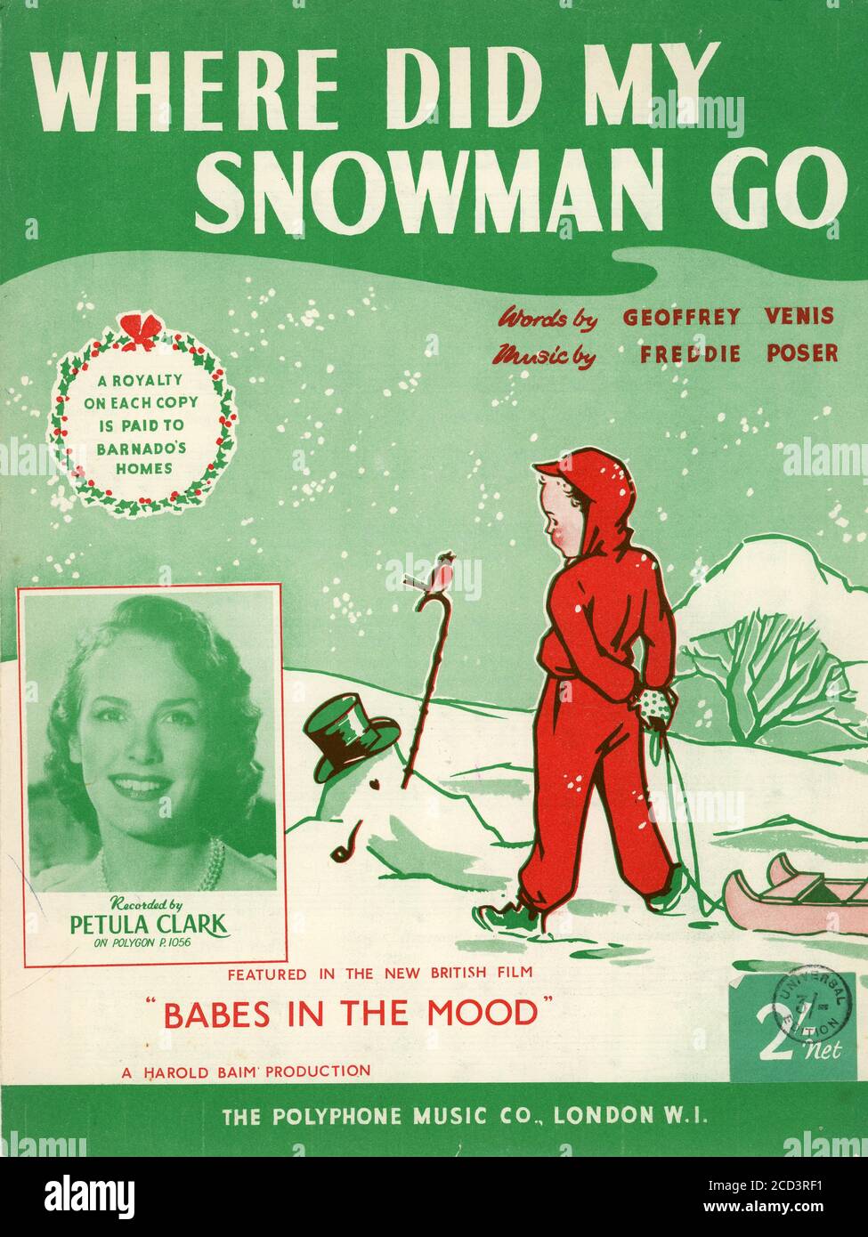 Sheet Music - Where did my snowman go - Petula Clark - 1952 Stock Photo