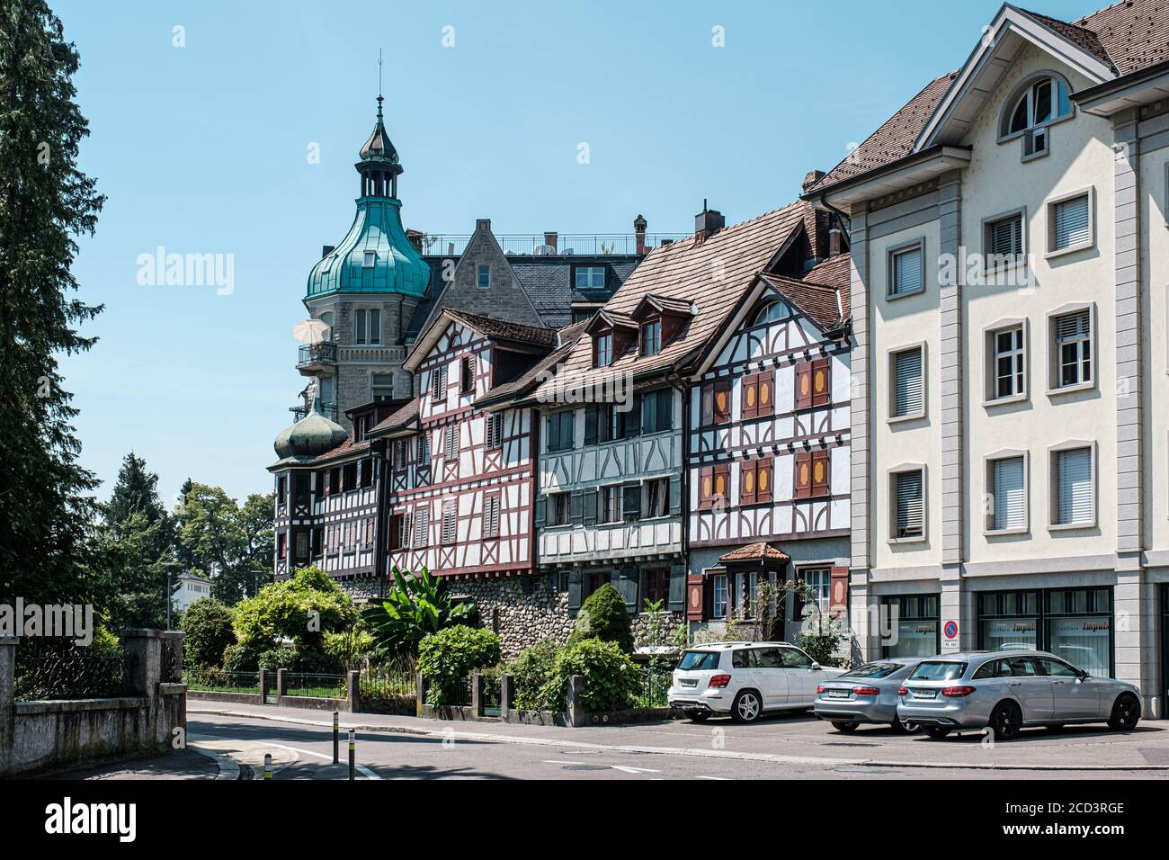 View of beautiful historical houses in swiss town Arbon Stock Photo