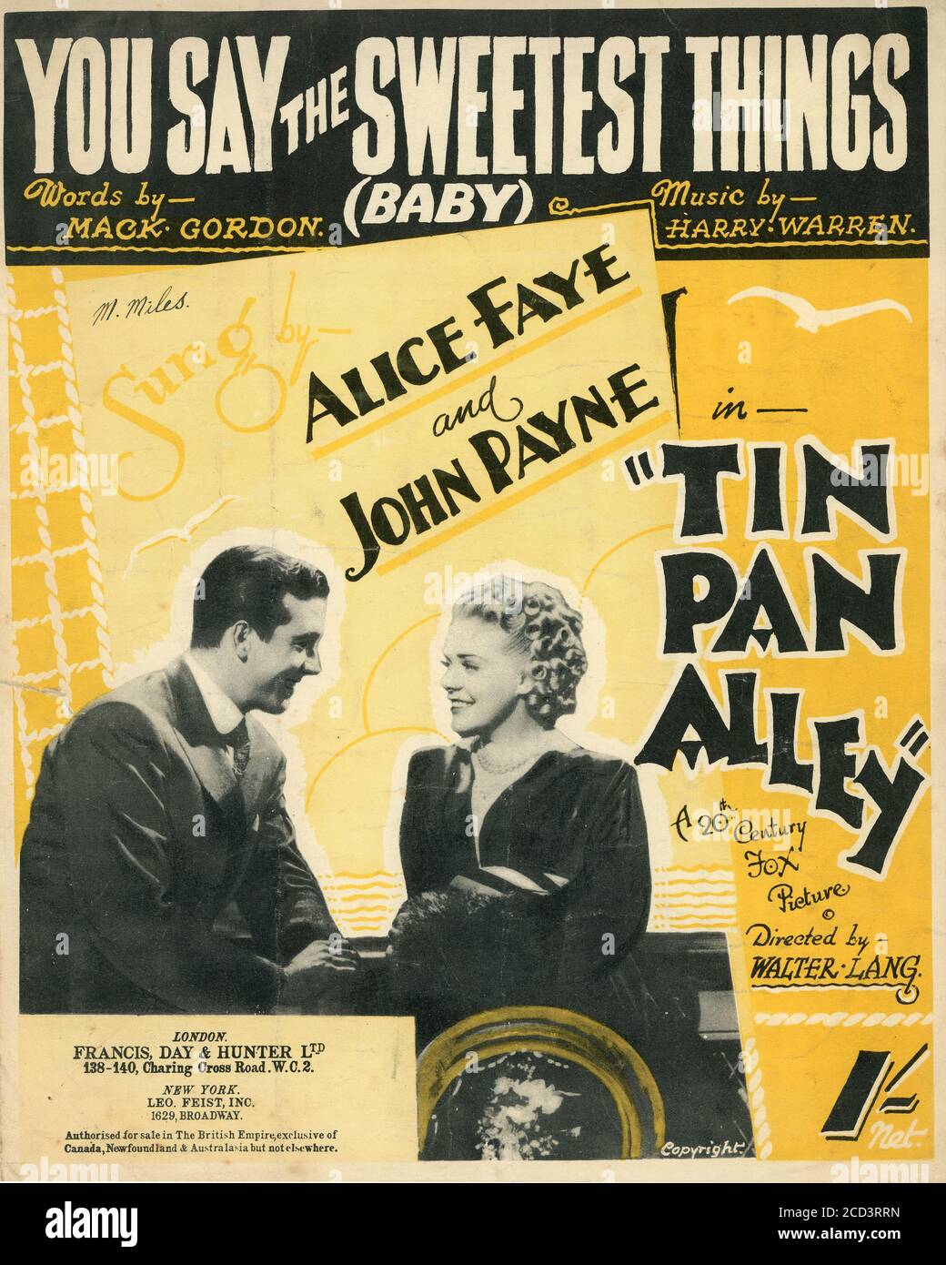Sheet Music - You say the Sweetest Things (Baby) - Alice Faye and John Payne - 1940 Stock Photo
