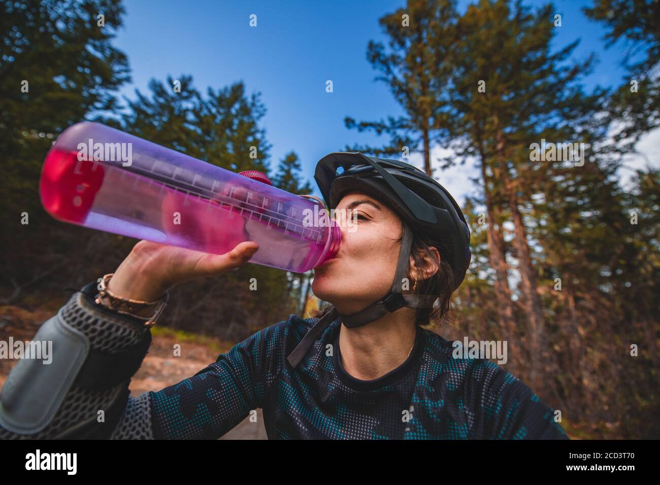 Female mountain-biker drinking from water-bottle in a forest in British Columbia, Canada. Stock Photo