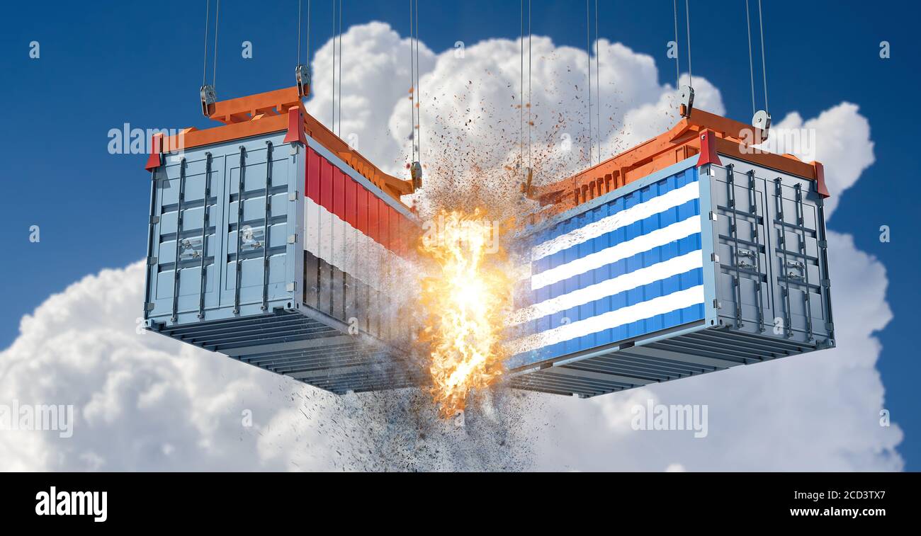 Two freight containers with Greek and Egypt national flag crashing into eachother. 3D Rendering Stock Photo