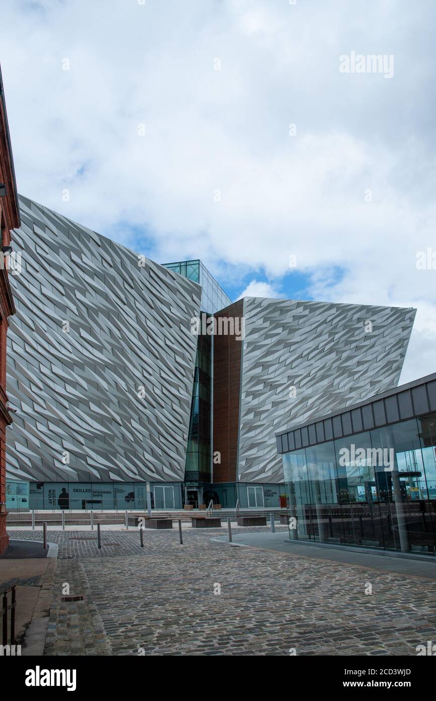 Belfast, Northern Ireland - 03 August, 2019. Titanic Belfast museum on the site of the former Harland & Wolff shipyard, Stock Photo