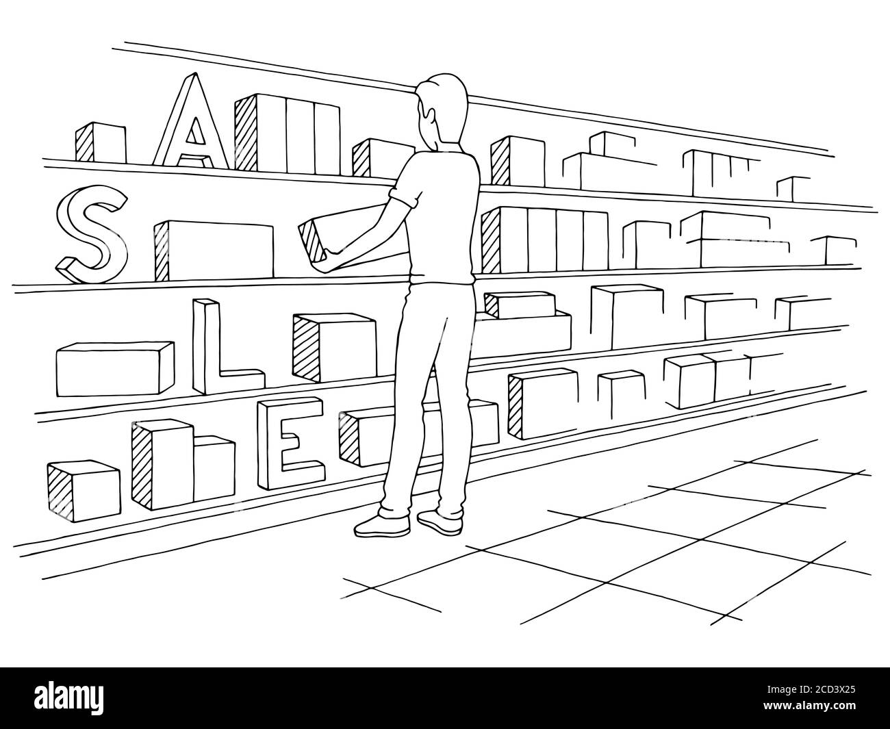 Man taking the box. Shop interior graphic black white sketch illustration vector Stock Vector