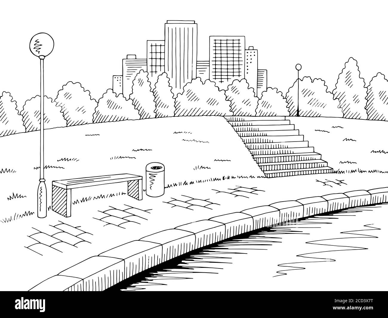 Park river graphic black white landscape sketch illustration vector Stock Vector
