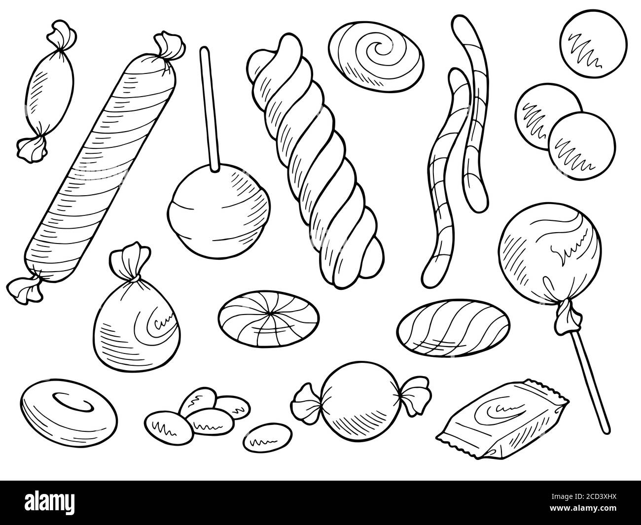 Candy set graphic sweet food black white isolated illustration vector Stock Vector