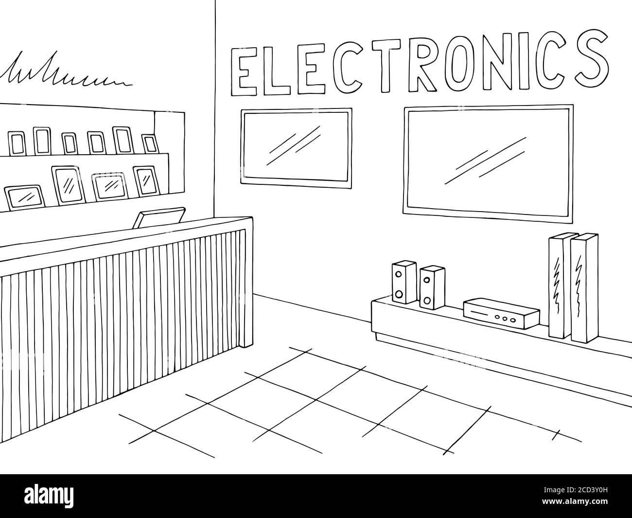 Electronics store interior graphic black white sketch illustration vector Stock Vector