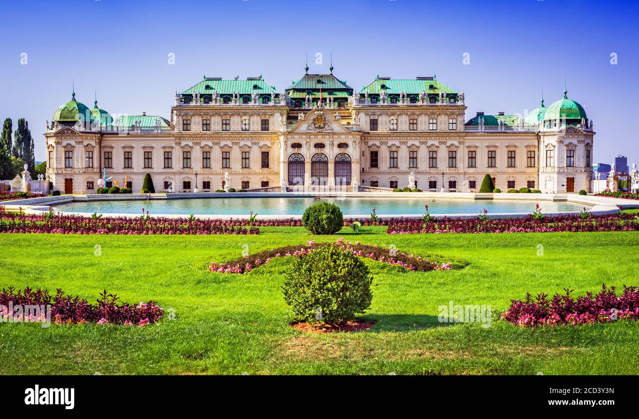 Vienna, Austria. Upper Belvedere summer view with reflection in the water fountain. Stock Photo