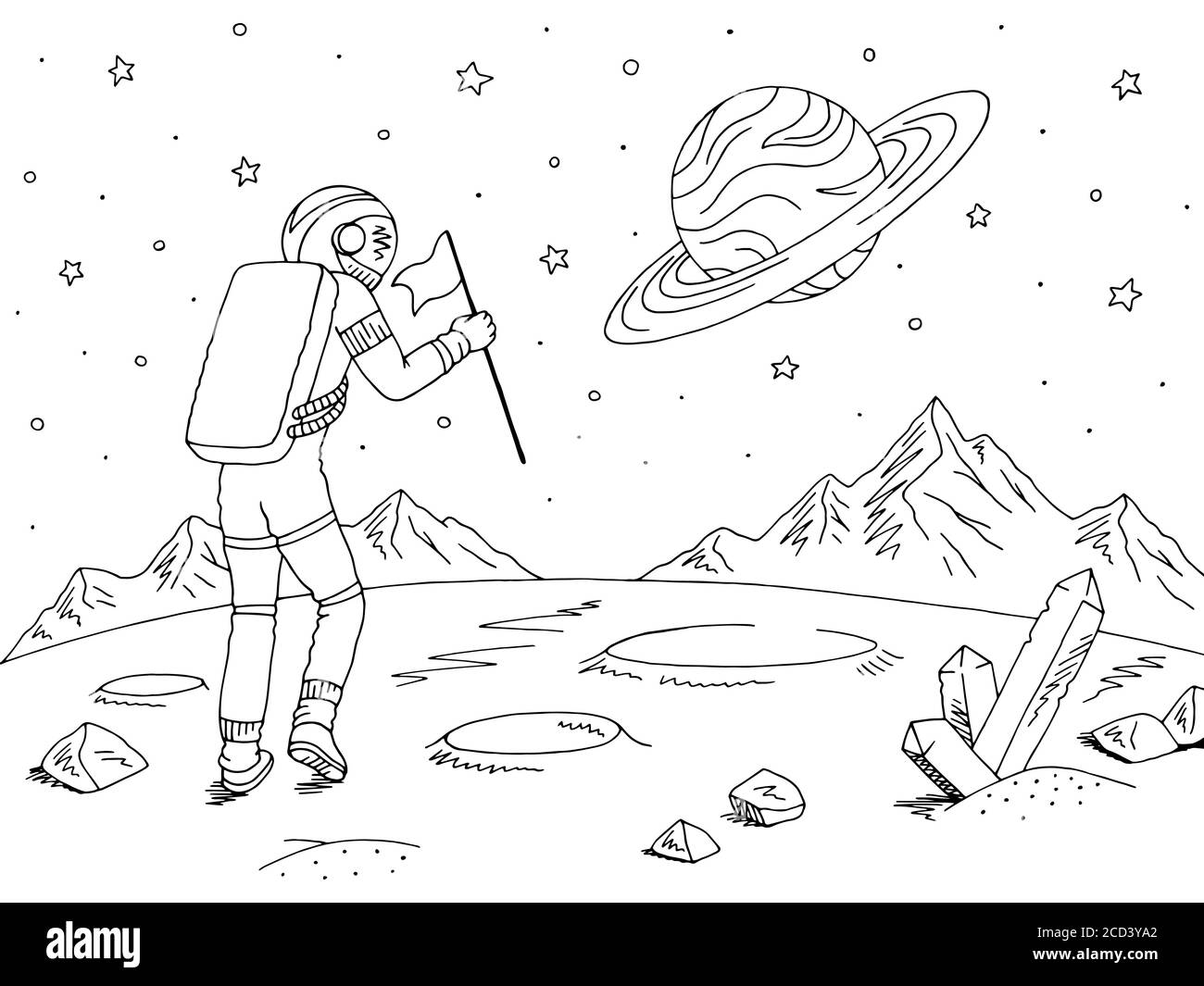 Spaceman astronaut walking with flag. Alien planet graphic black white space landscape sketch illustration vector Stock Vector