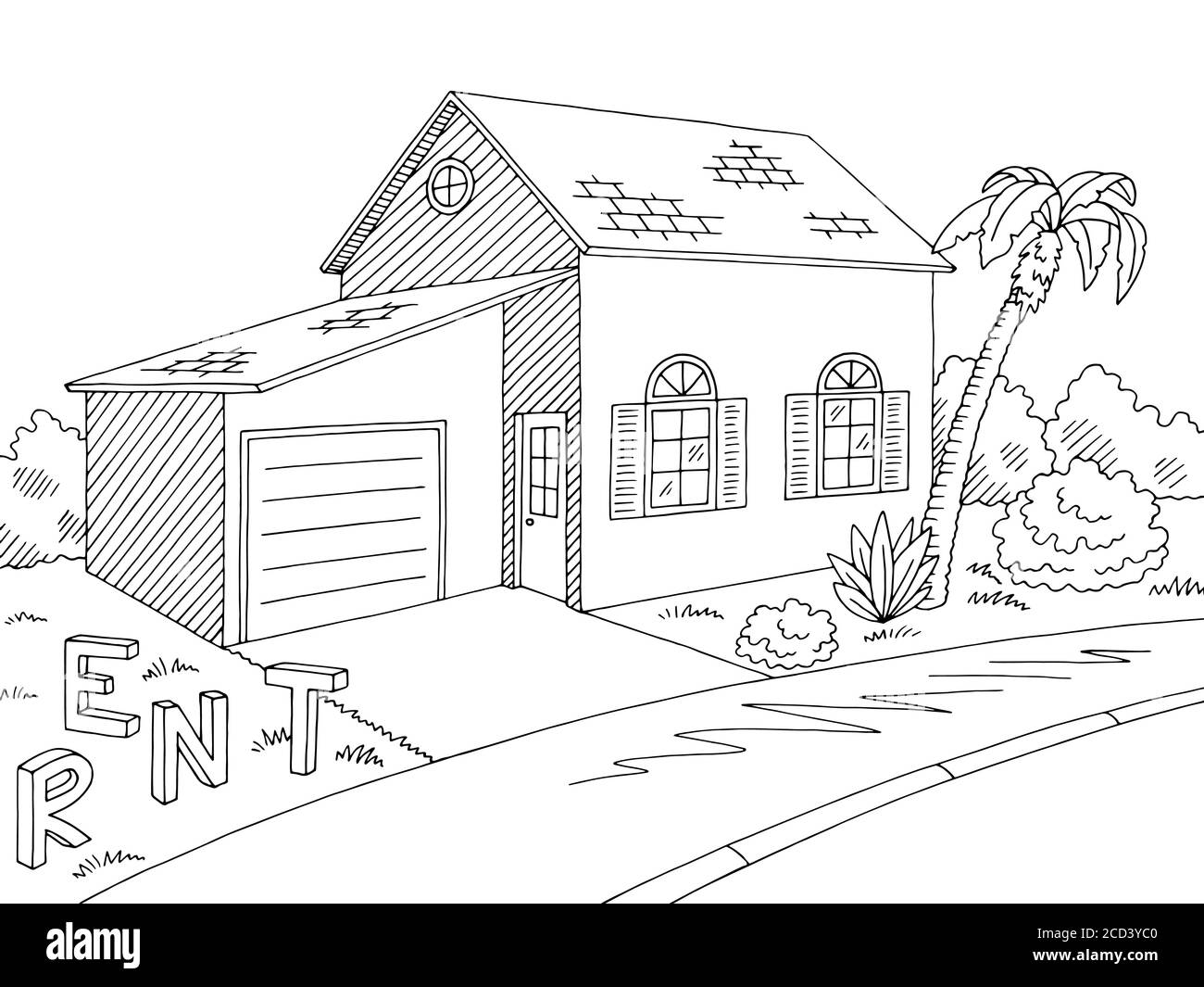 House for rent exterior graphic black white sketch illustration vector