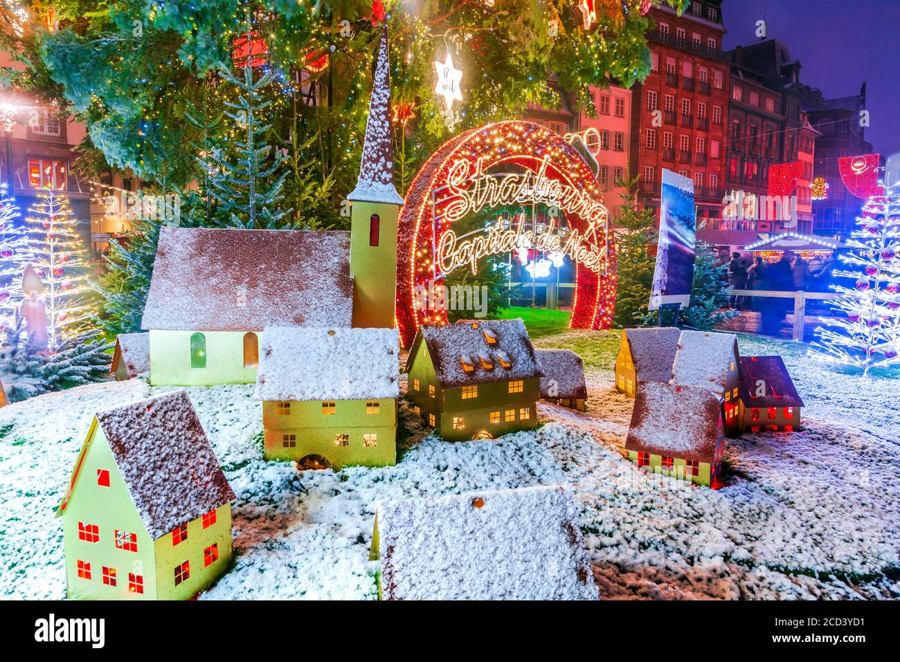 Strasbourg, France. Place Kebler and Christmas Tree, Capitale de Noel in Alsace. Stock Photo