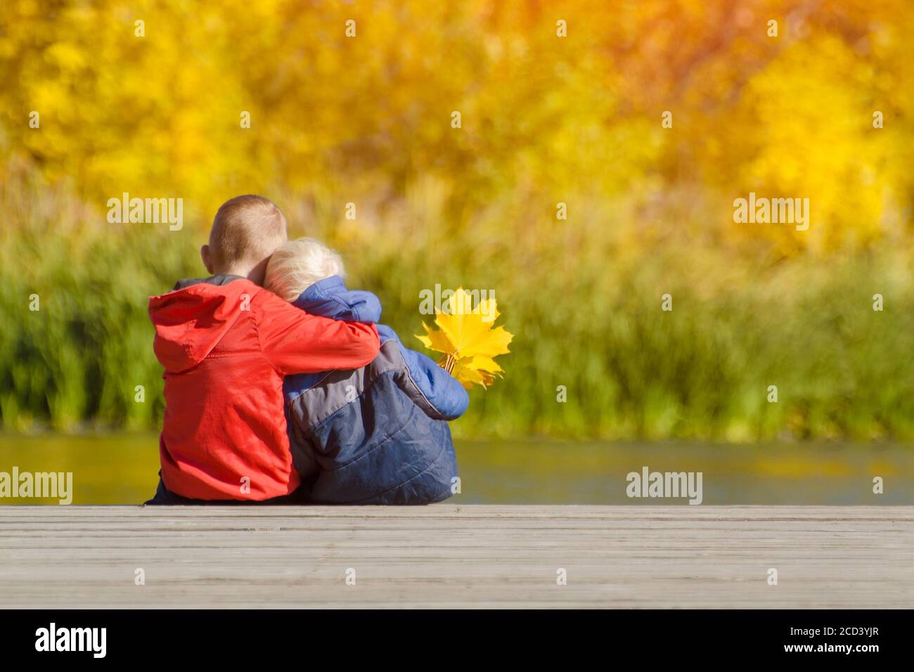 Two boys are sitting on the pier. Autumn. Back view Stock Photo - Alamy