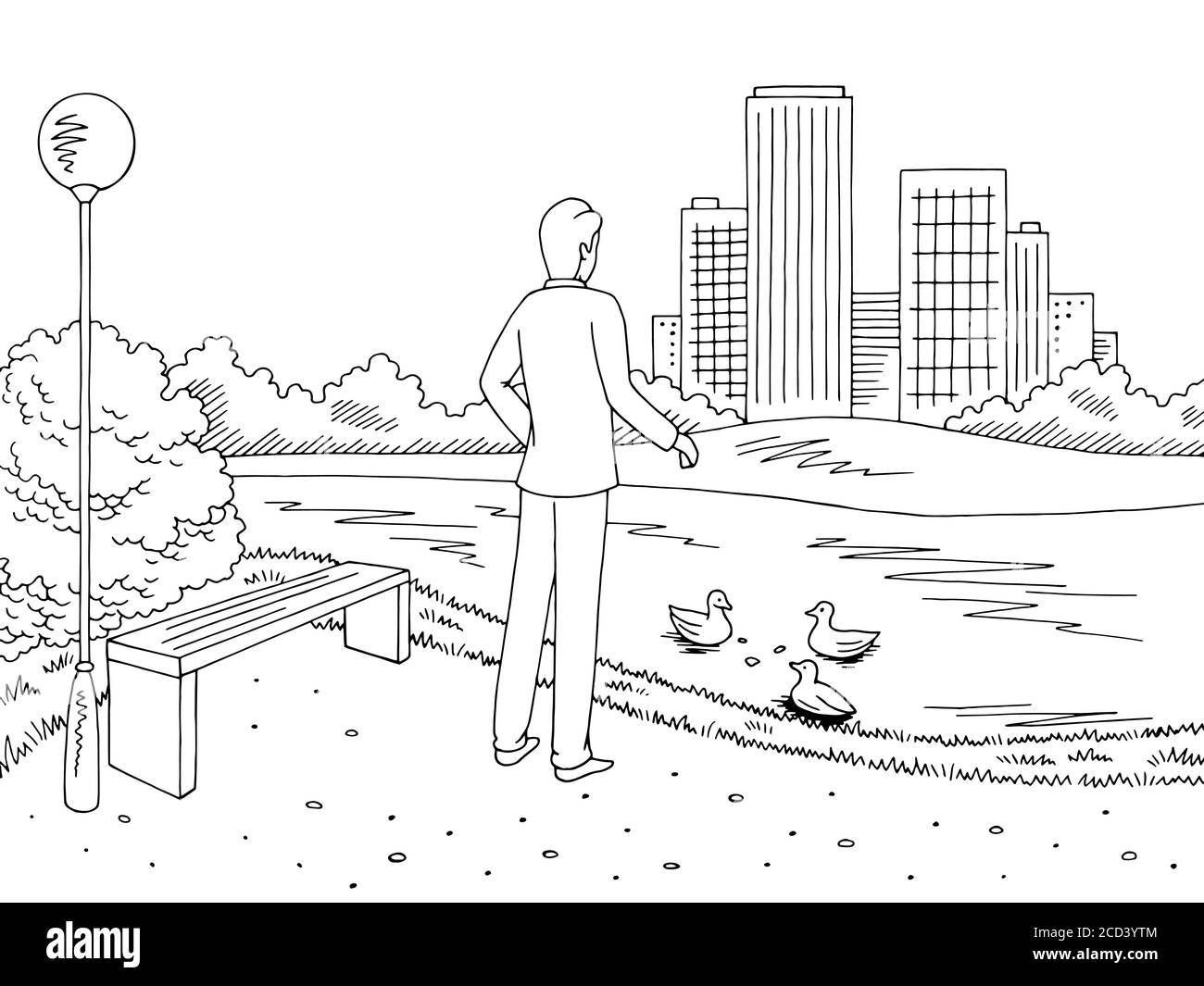 Man feeding ducks. Park river graphic black white landscape sketch illustration vector Stock Vector
