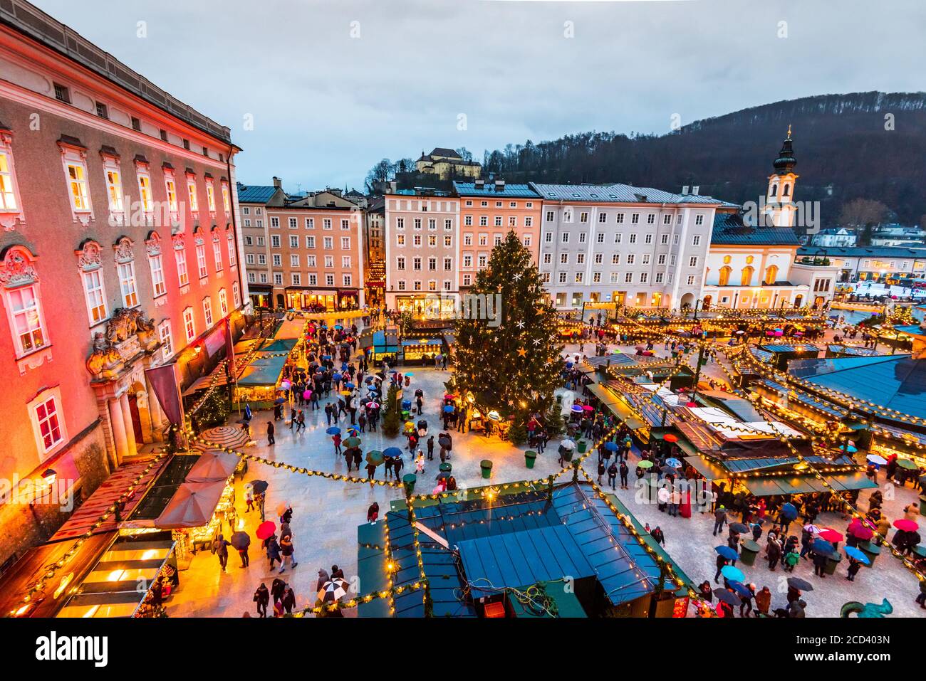 Salzburg, Austria. Christmas market at Cathedral Square, origins of Christkindlmarkt X-mas fair go back to the late 15th century. Stock Photo