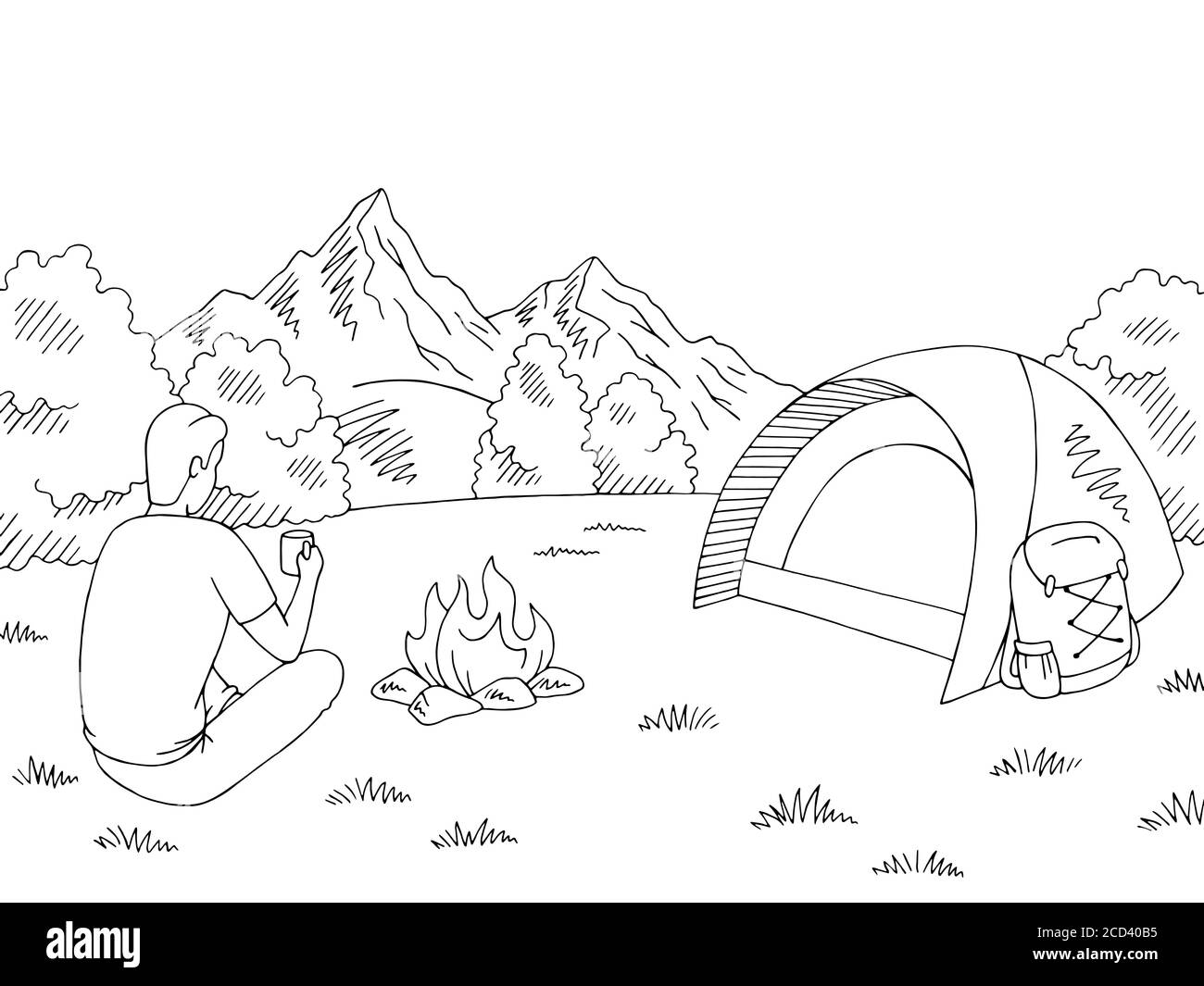 Tourist sitting near the bonfire and drinking from a cup. Camping graphic black white mountain landscape sketch illustration vector Stock Vector