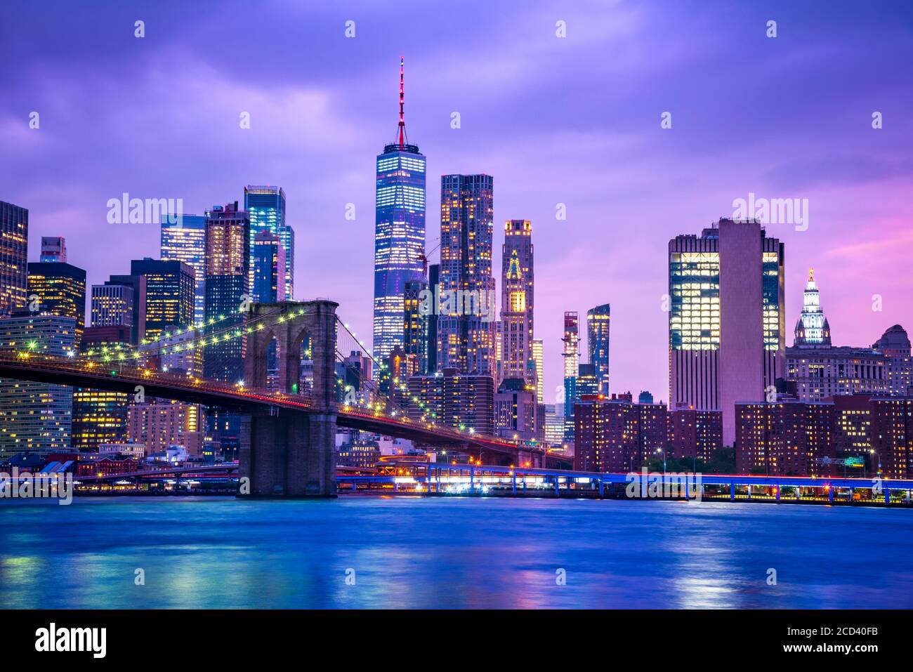 New York, United States of America - Panoramic view of Lower Manhattan, Brooklyn Bridge and Freedem Tower. Stock Photo