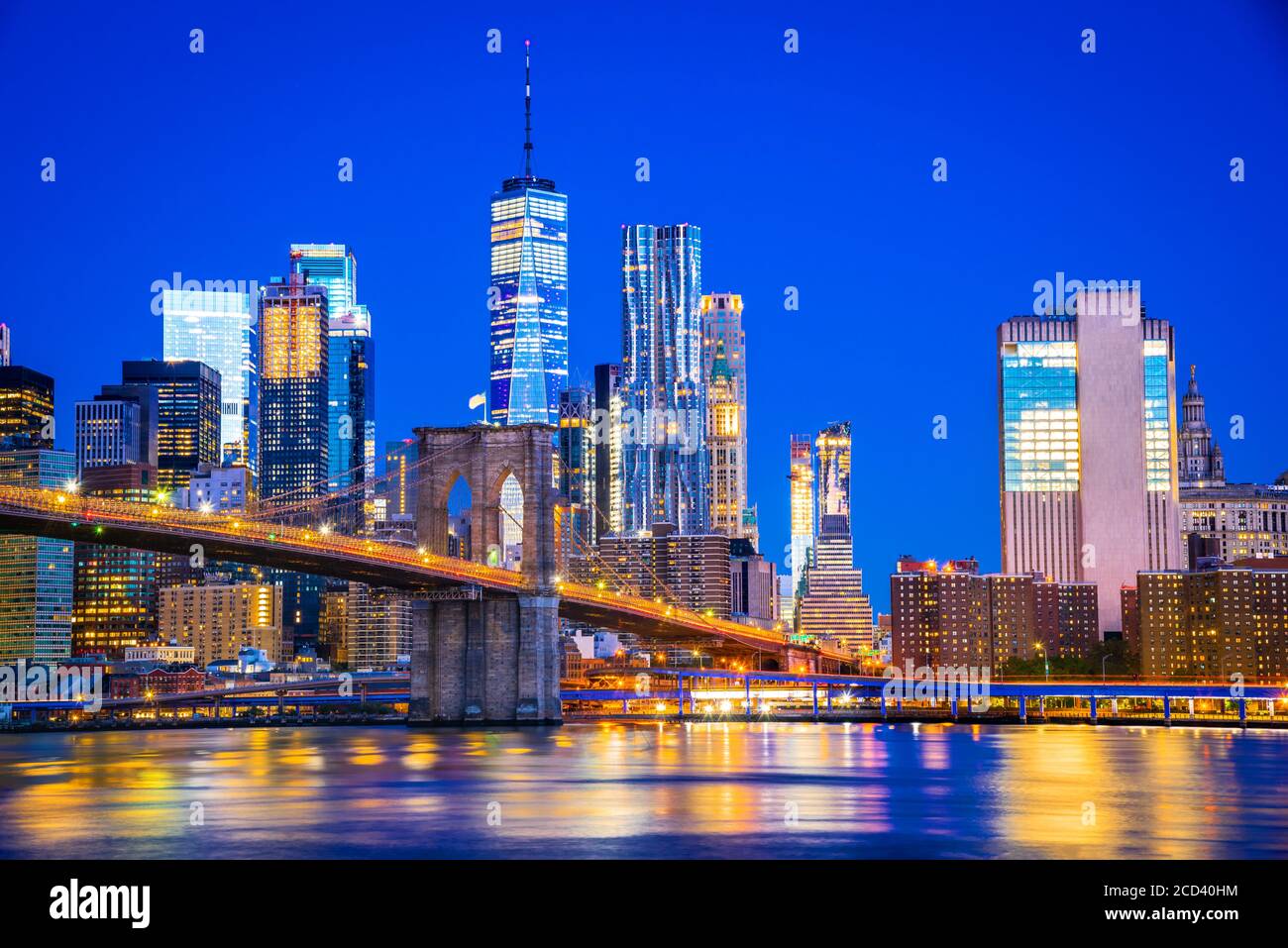 New York, United States of America - Panoramic view of Lower Manhattan, Brooklyn Bridge and Freedem Tower. Stock Photo