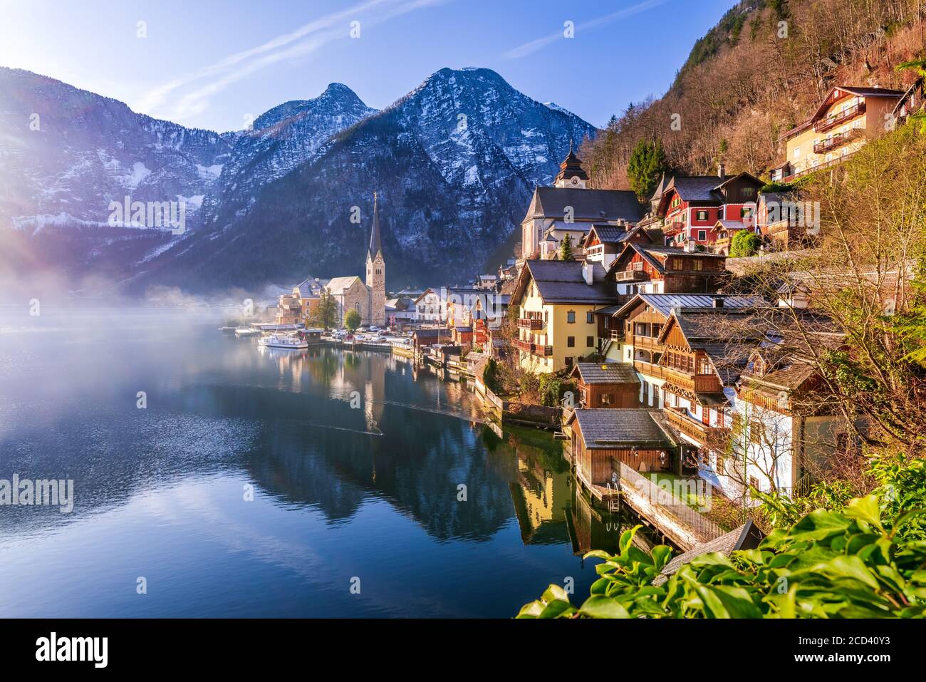 Hallstatt, Austria - Scenic picture, postcard view of famous Hallstatt, UNESCO mountain village in Upper Austria, Salzkammergut region. Stock Photo