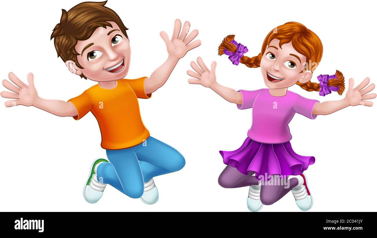 Jumping Girl and Boy Kids Children Cartoon Stock Vector