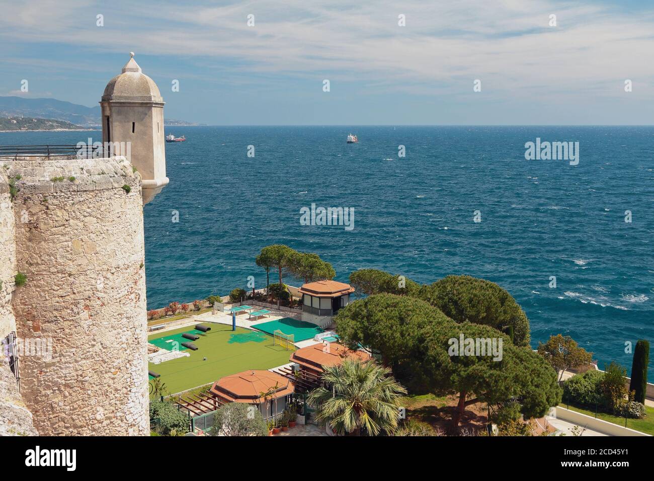 Watchtower of fortress, coast and sea. Monte Carlo, Monaco Stock Photo