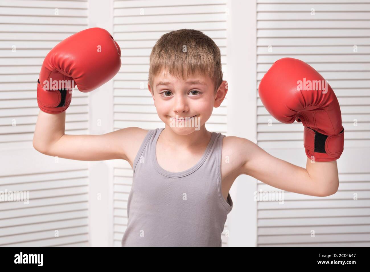 Smiling boy in boxing gloves Stock Photo Alamy