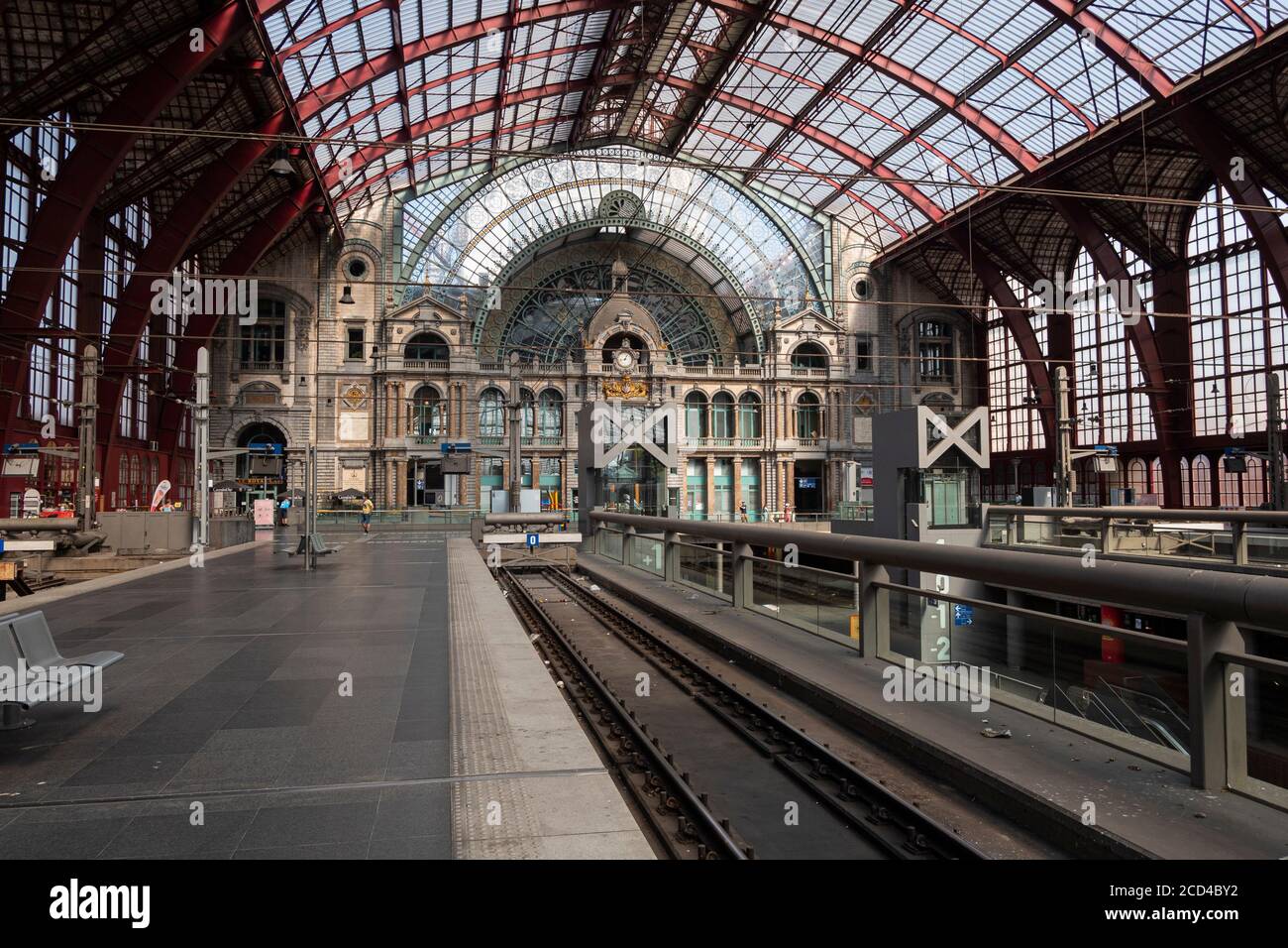 Antwerp, Belgium, August 16, 2020, Part of the platform inside the central station Stock Photo