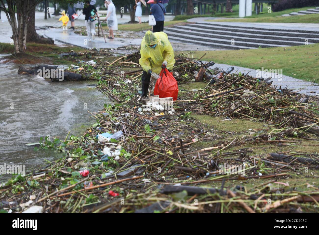 A trash belt which is several-hundred-meter-long and full of various trashes brought by flood from the upstream area of the Yangtze River appears in N Stock Photo