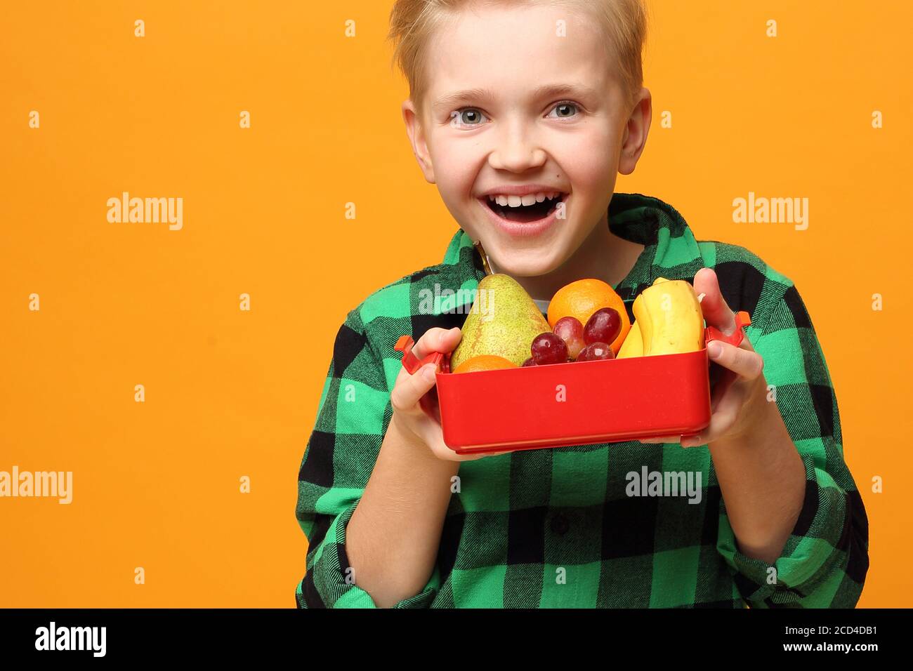 School lunch box with fruit, smiling child holding a fruit box. Fruit