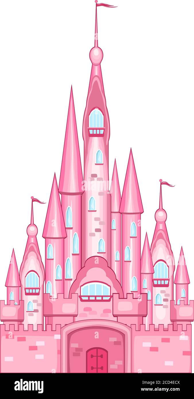 Cartoon pink castle on a white background. Towers, walls, gates. Stock Vector